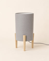 Small E14 table lamp with fabric shade and wooden base