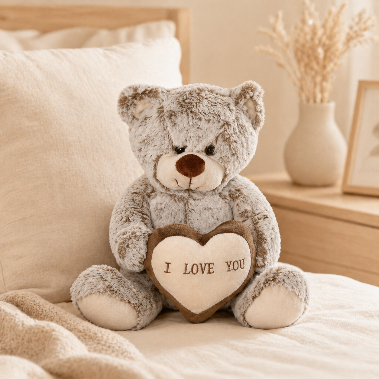 Grey beige teddy bear with I Love You heart