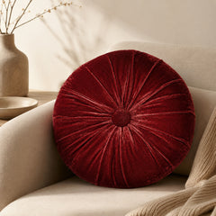Bordeaux round velvet pumpkin throw pillow with tufted button
