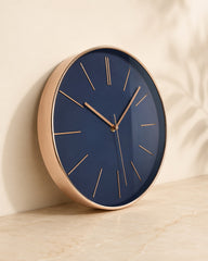 Modern rond wandklok navy blauw glanzend koper