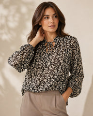 Dames zwart floral strik tie neck blouse