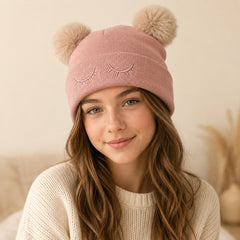 Kazia kinderen roze muts met double imitatiebont pompons