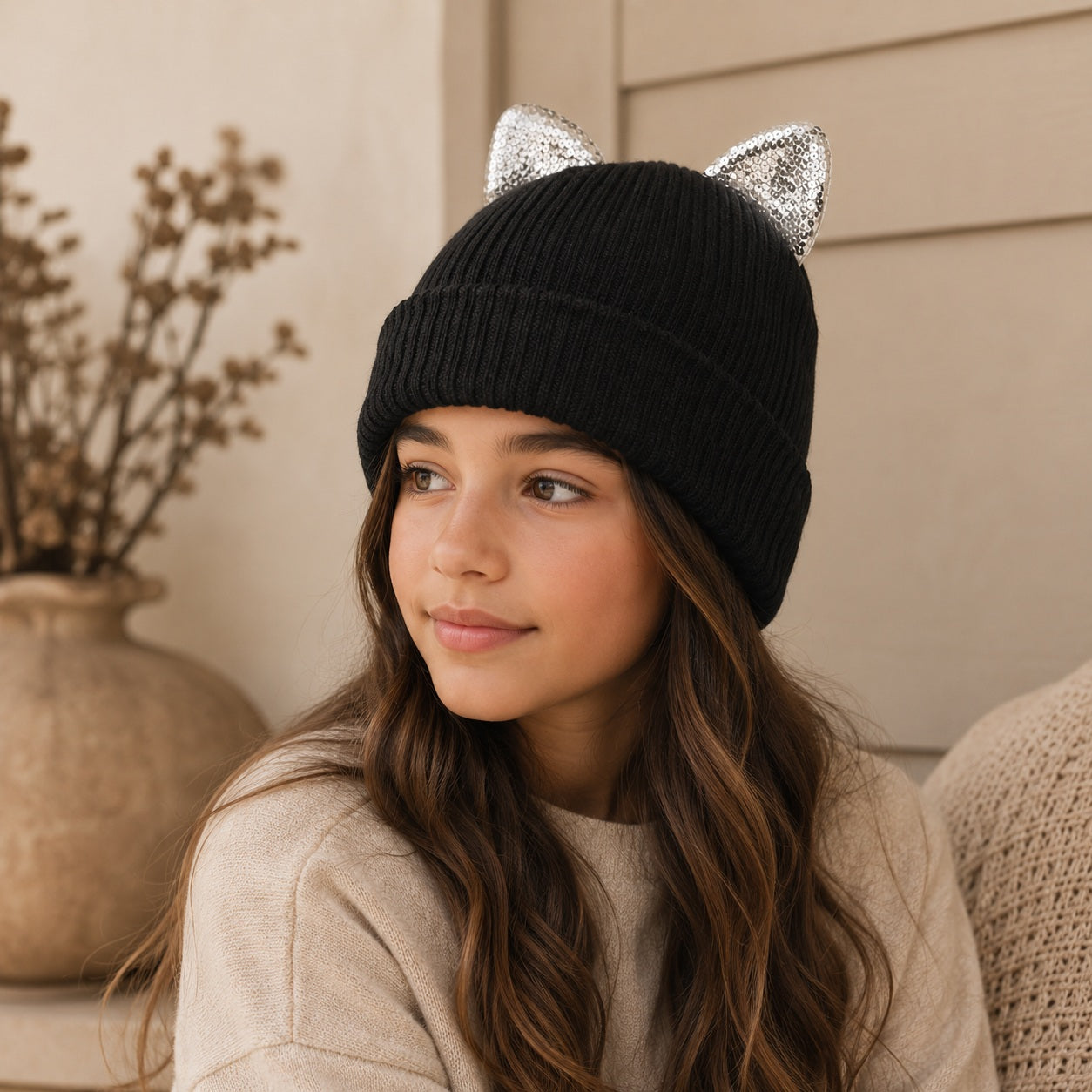 Kinderen winter muts met shiny zilver dieren oren zwart