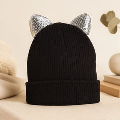 Zwart ribbed kinderen muts met zilver sequin oren