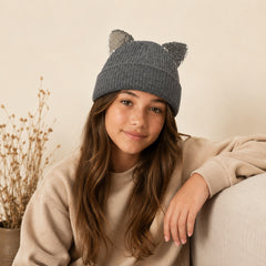 Dark grey ribbed kids beanie with silver sequin ears