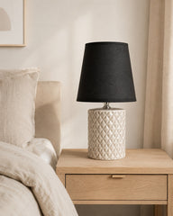 Compact E14 table lamp with black shade and ceramic base