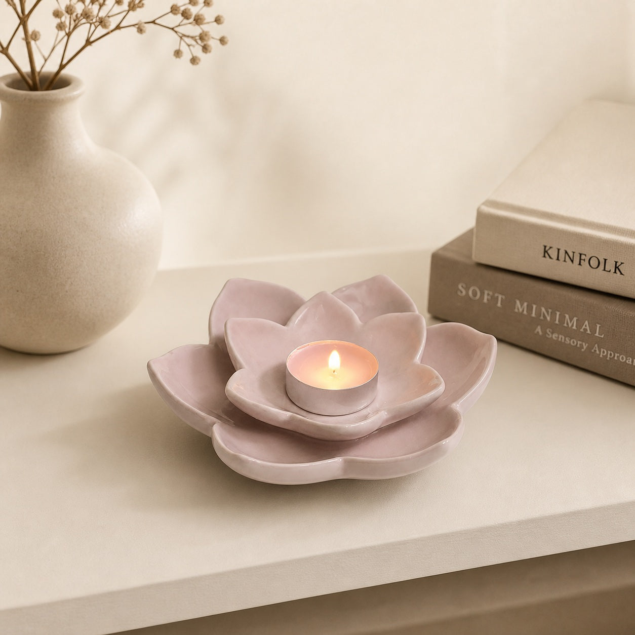 Pink ceramic flower tealight holder for home decor