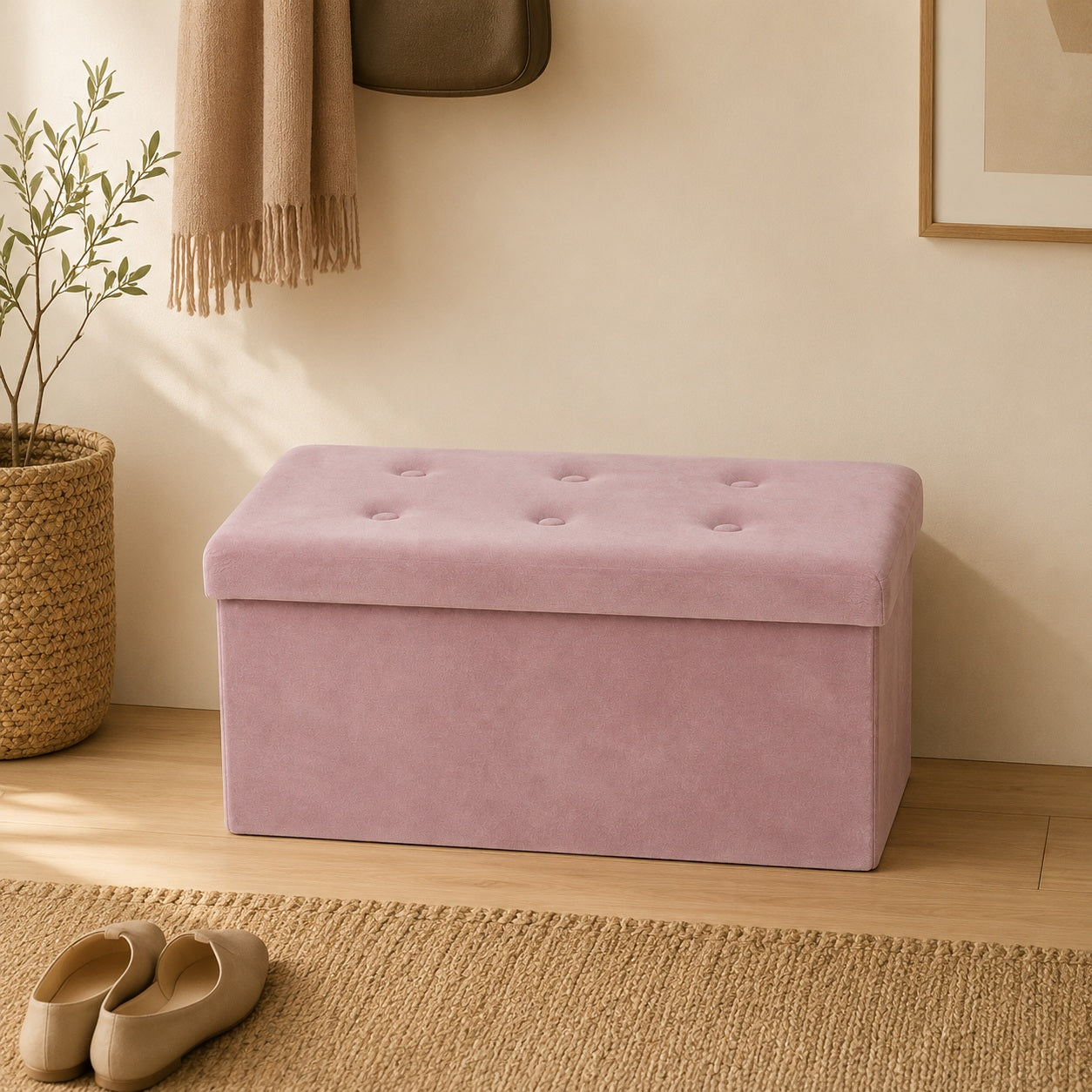 Pink velvet storage bench in a calm beige entryway interior