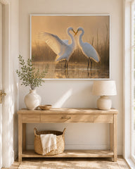 Romantische reigers wandkunst met lijst – Twee witte liefdesvogels