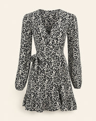 Women’s V-neck leopard print mini dress with waist tie