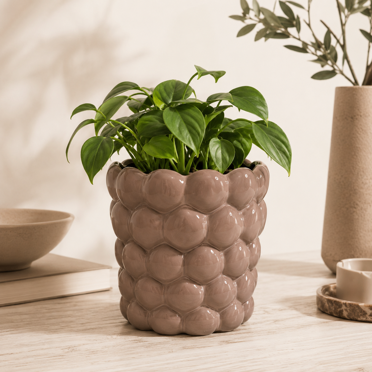 Akila handmade light brown ceramic flowerpot with relief pattern