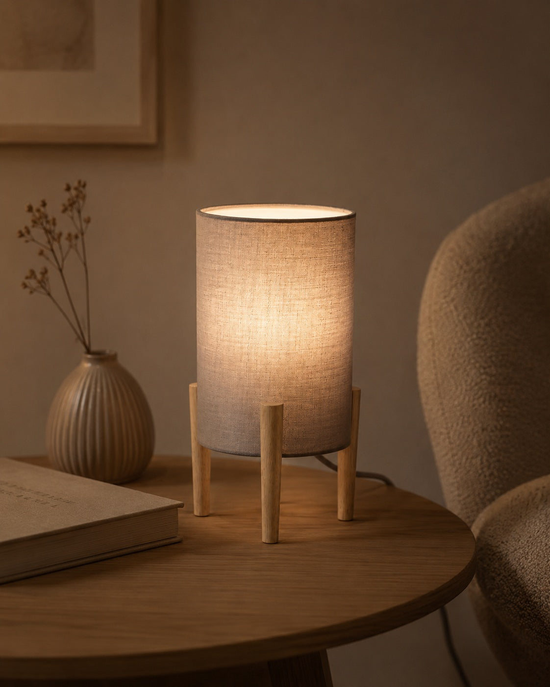 Compact wooden table lamp with grey shade and tripod base