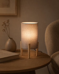 Compact wooden table lamp with grey shade and tripod base