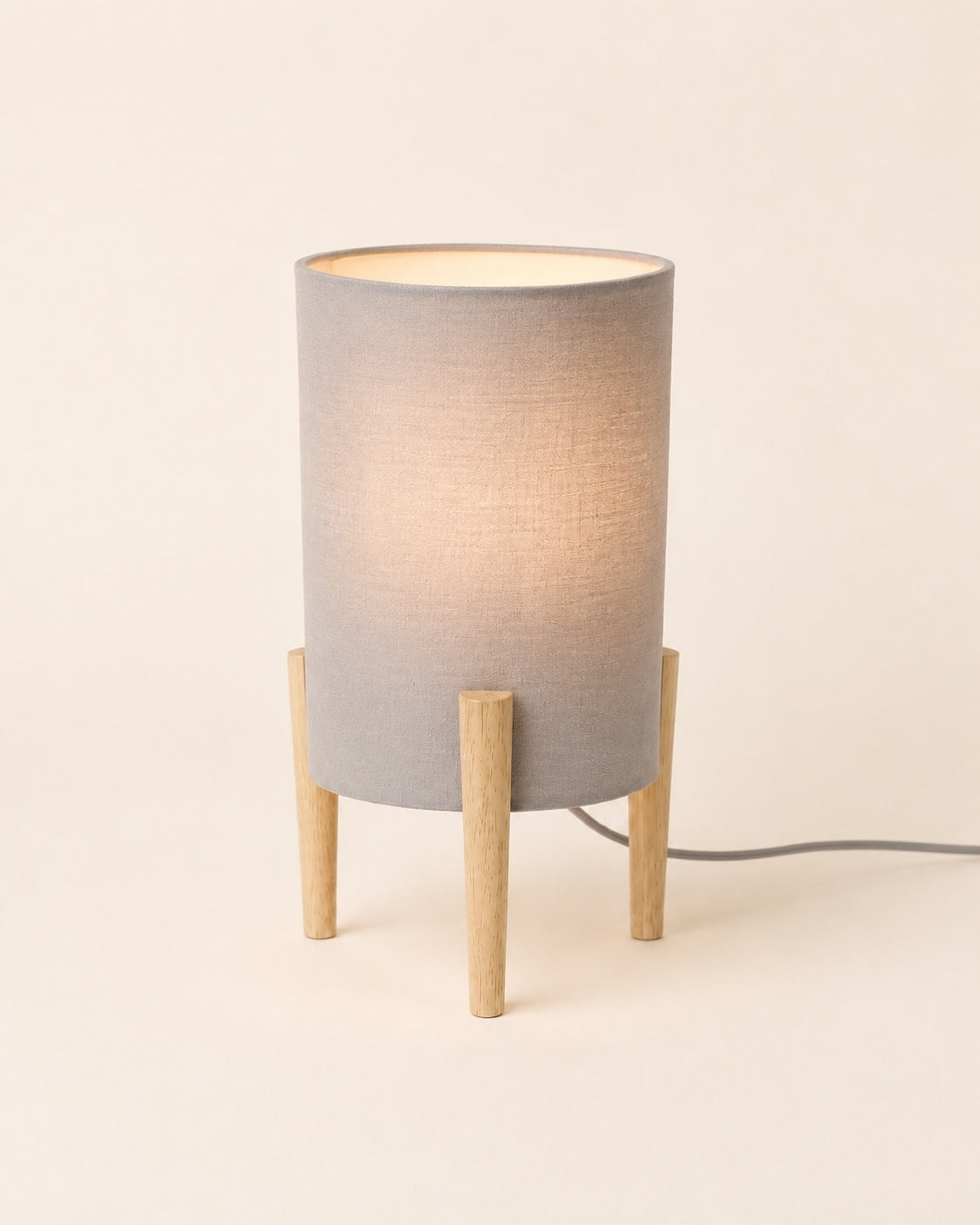 Albetree grey bedside lamp with natural wooden tripod legs