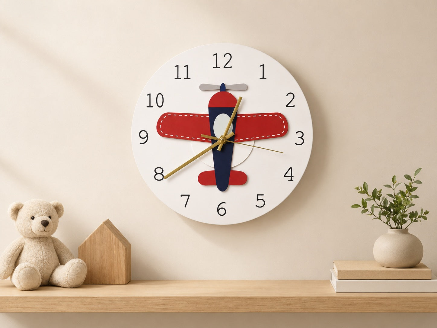 Avelin kinderen vliegtuig wandklok met rood blauw plane