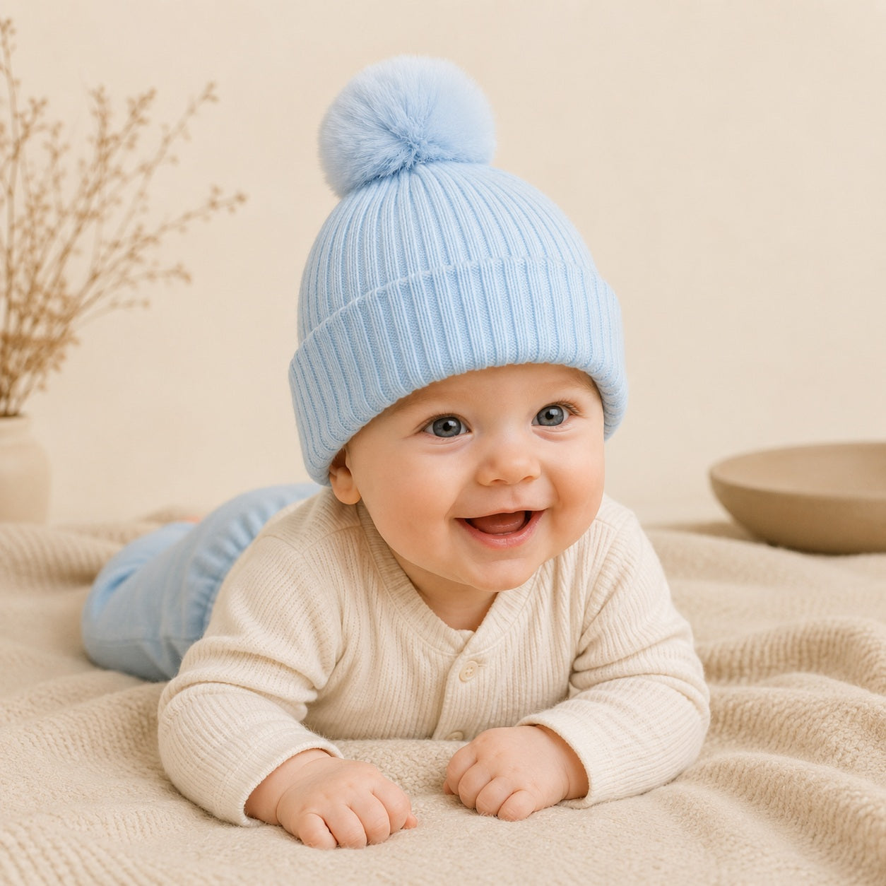 Blauwe baby wintermuts met faux fur pompon