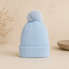 Light blue ribbed baby beanie with folded cuff