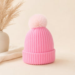Pink ribbed baby beanie with folded cuff