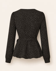 Black viscose peplum top with tie waist