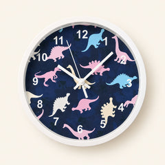 Blue dinosaur wall clock with pastel dinosaurs and white frame on a warm beige background