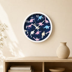 Pastel dinosaur wall clock displayed above a beige sideboard with natural decor
