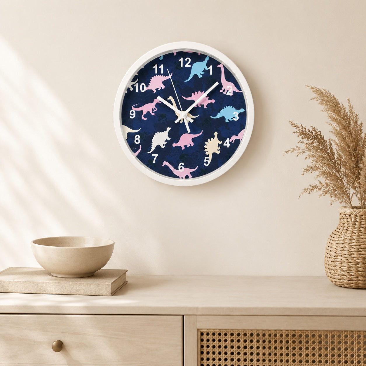 Blue dinosaur wall clock above a light wooden console in a calm beige interior