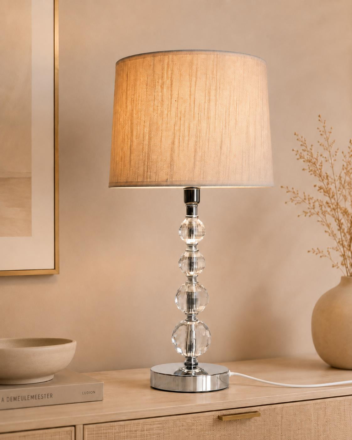 Compact bedside table lamp with crystal glass details