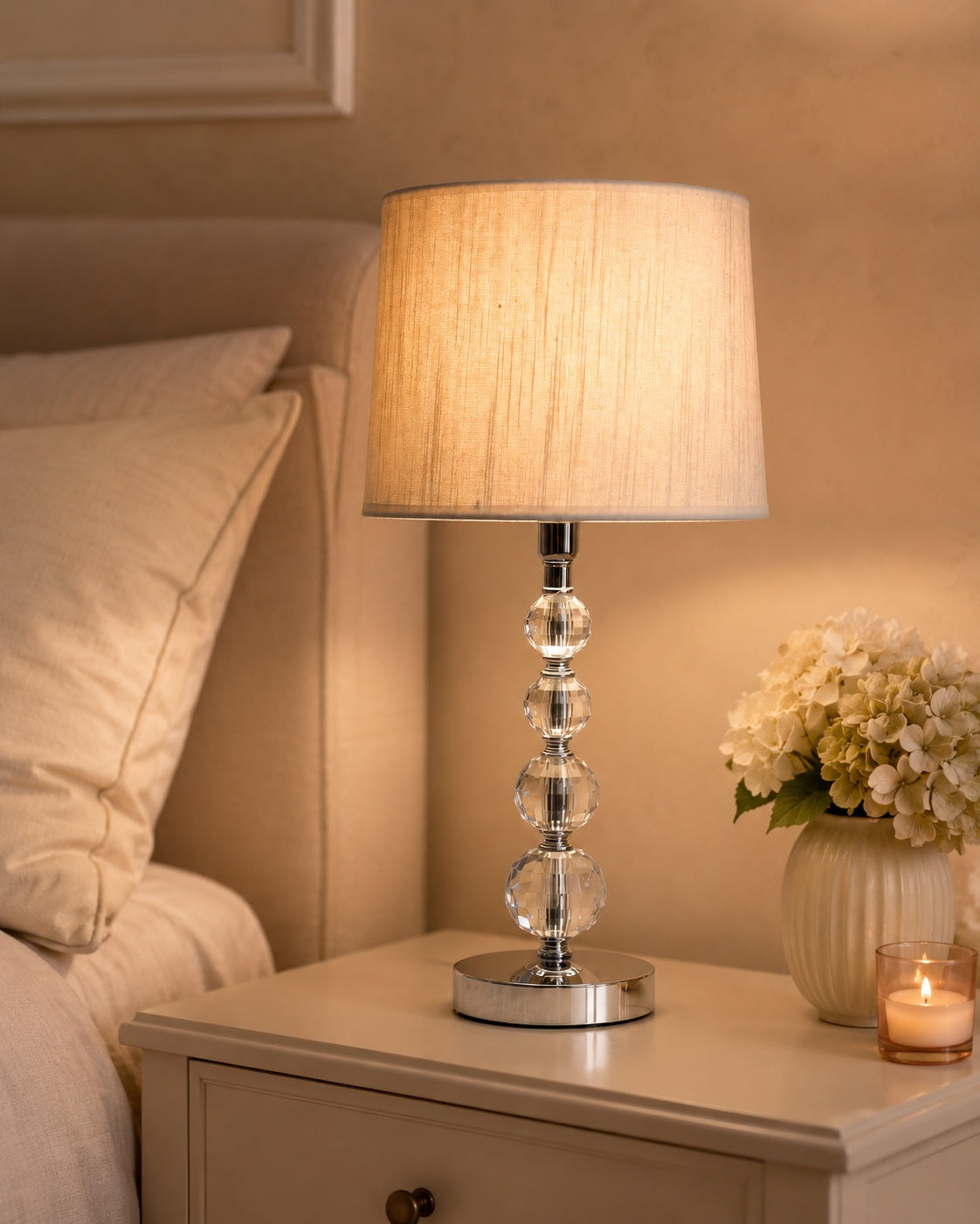 Decorative silver lamp base with faceted glass orbs