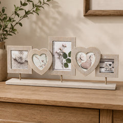 Freestanding wooden photo collage frame with original floral images on a neutral beige background
