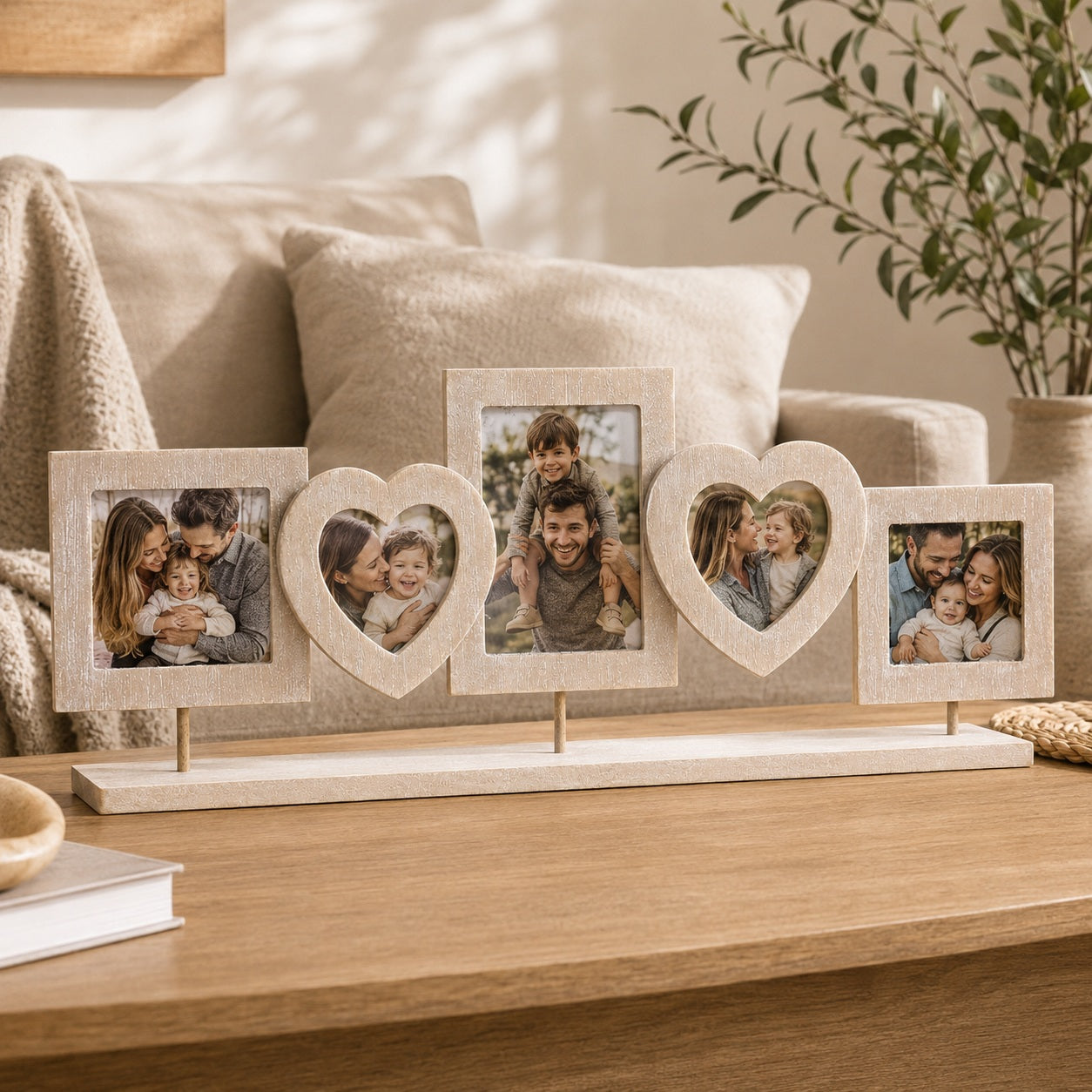 Wooden photo collage frame with family photos displayed in a warm neutral living room