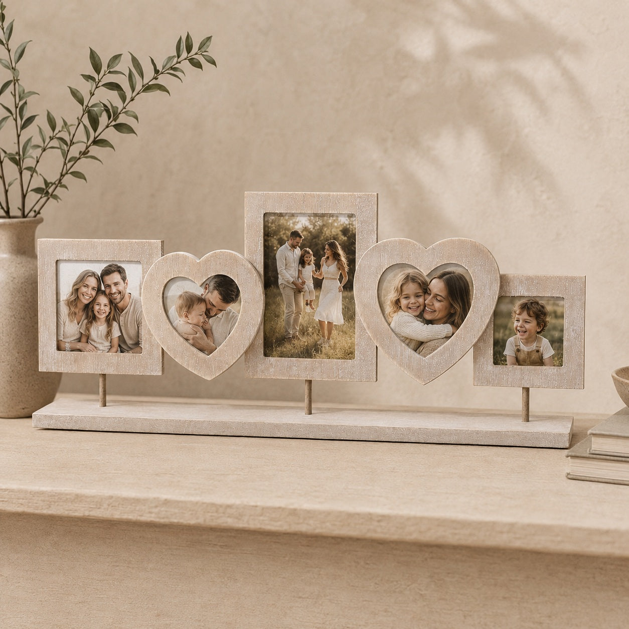 Wooden collage photo frame with family portraits on a light sand-coloured background