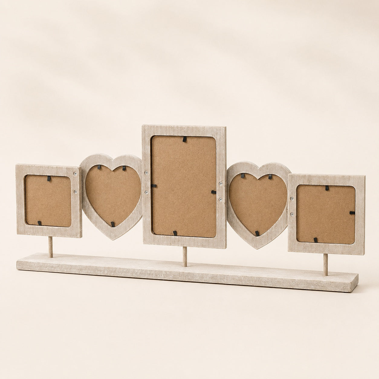 Back view of freestanding wooden photo collage frame with five photo openings