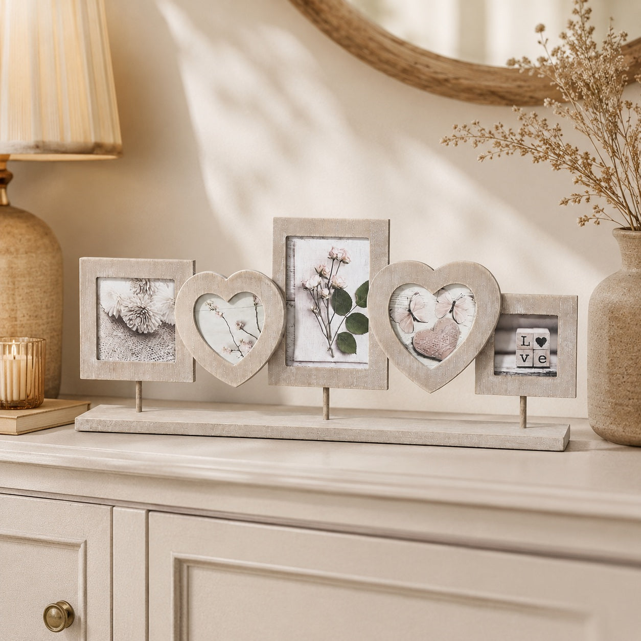 Romantic wooden photo collage frame with heart shapes styled on a beige console table