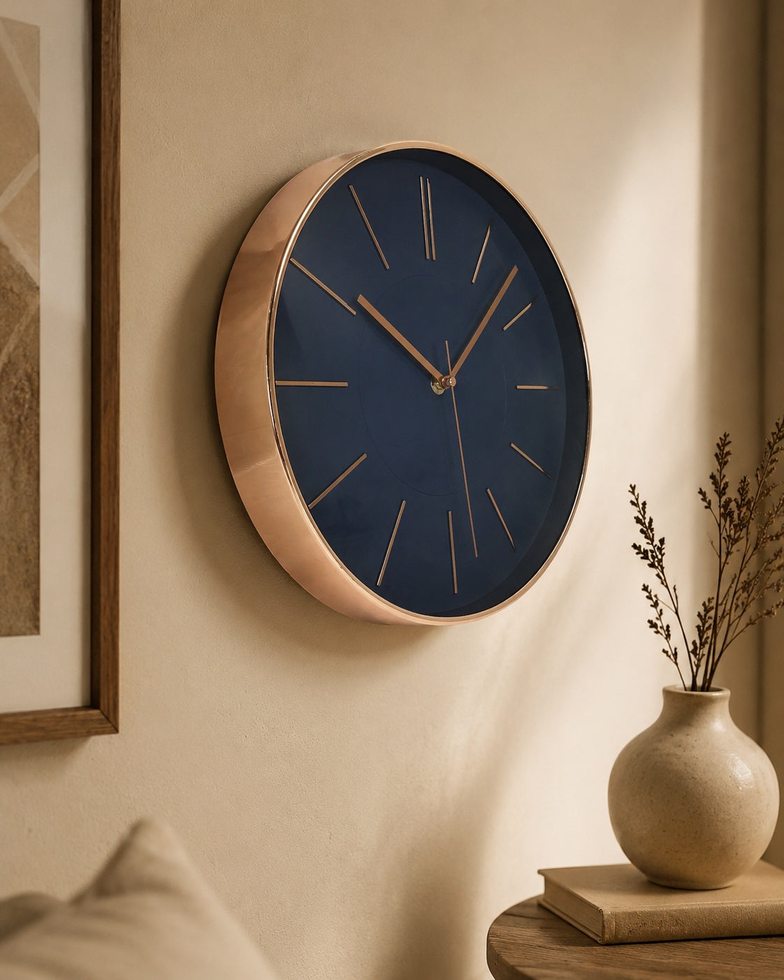 Decoratief navy blauw kitchen wandklok met koper hands