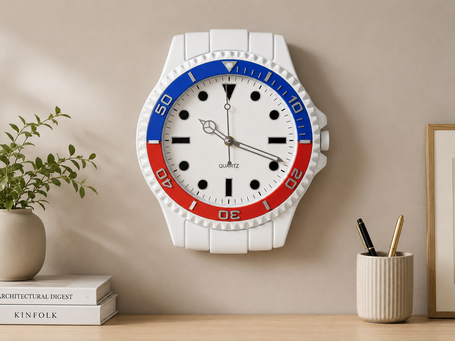 Elayne sport watch shaped wall clock in white blue and red