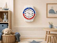 White sport watch wall clock with black markers and silver hands