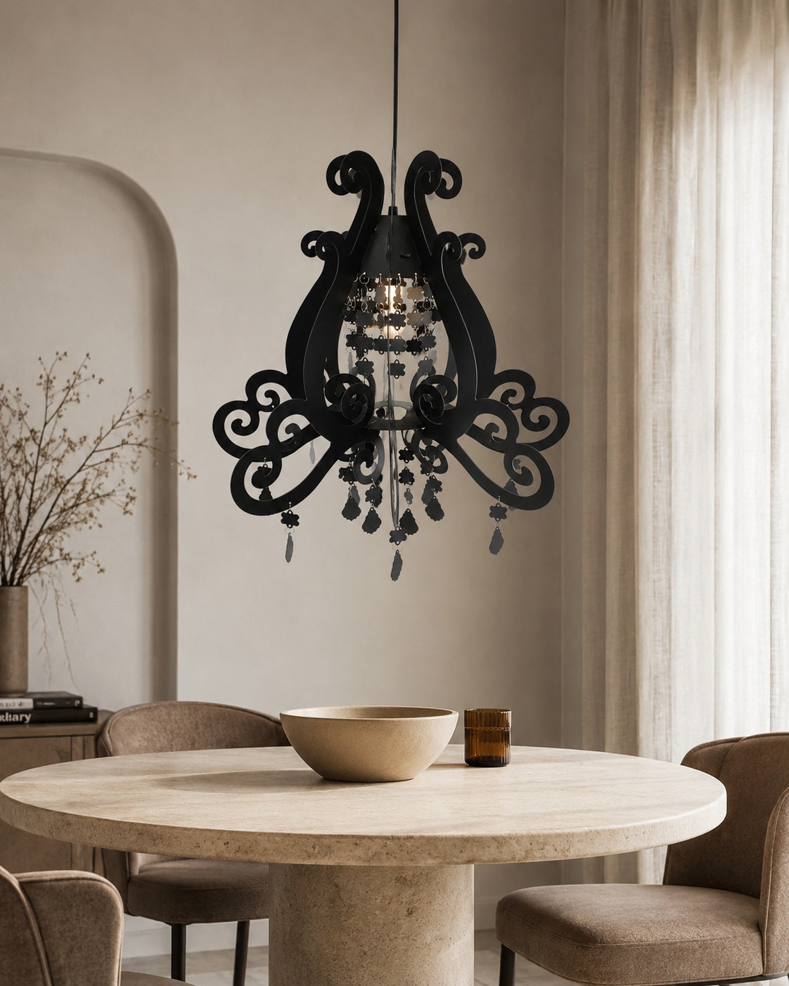 Baroque black hanging lamp with floral and teardrop ornaments