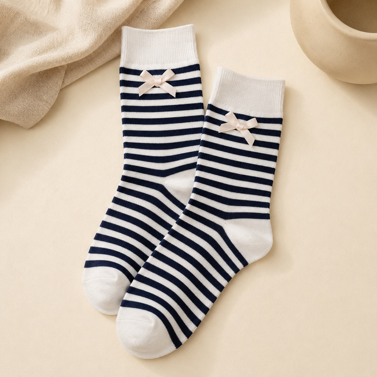 Navy and white girls socks with pale pink ribbon bow