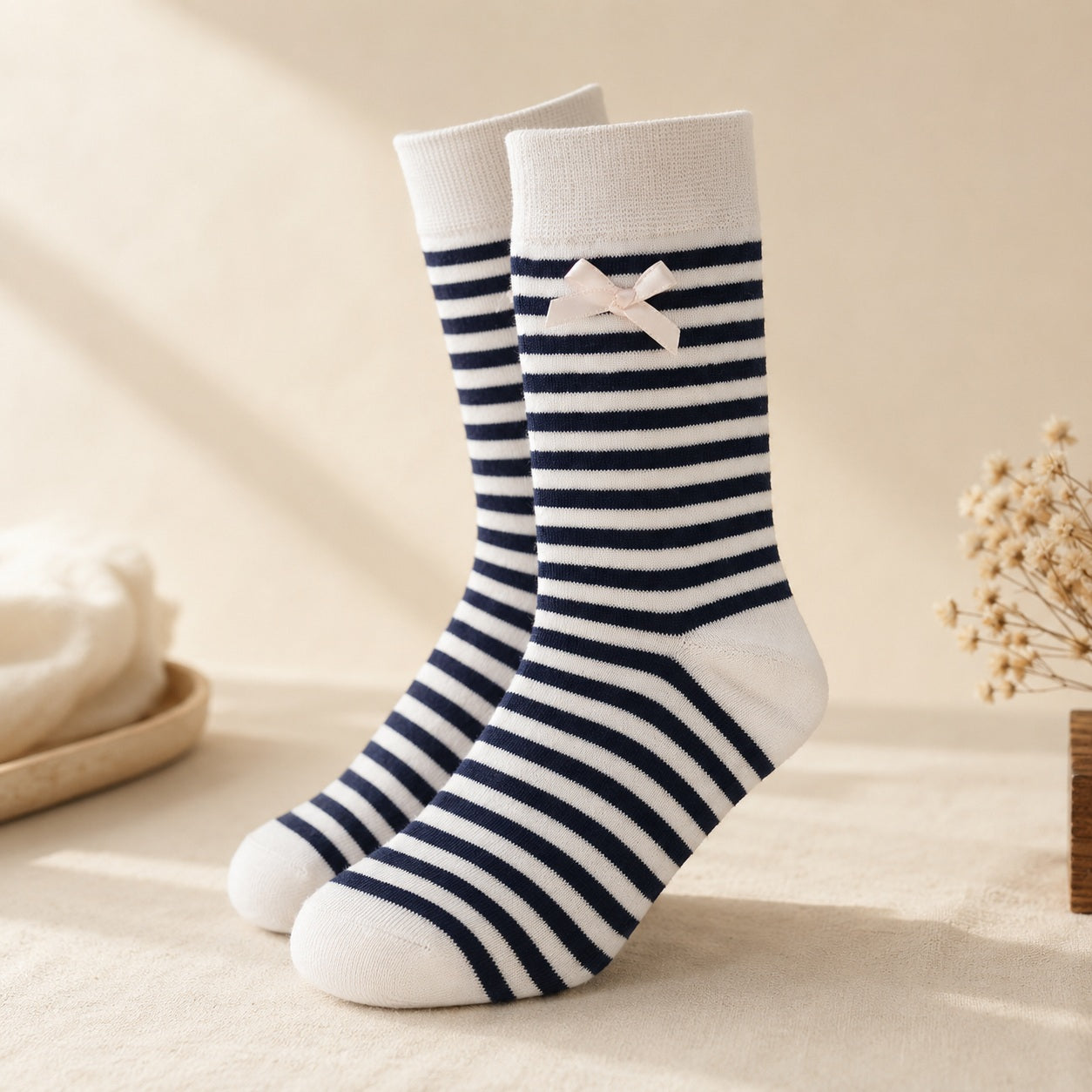 Girls striped crew socks with satin bow size 31 33