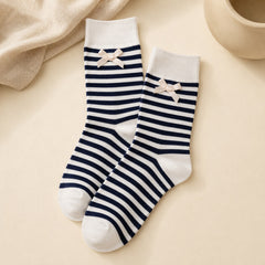 Navy and white girls socks with pale pink ribbon bow
