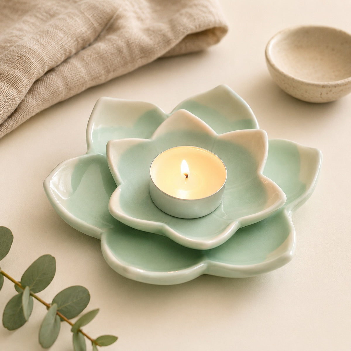 Green ceramic flower tealight holder for home decor