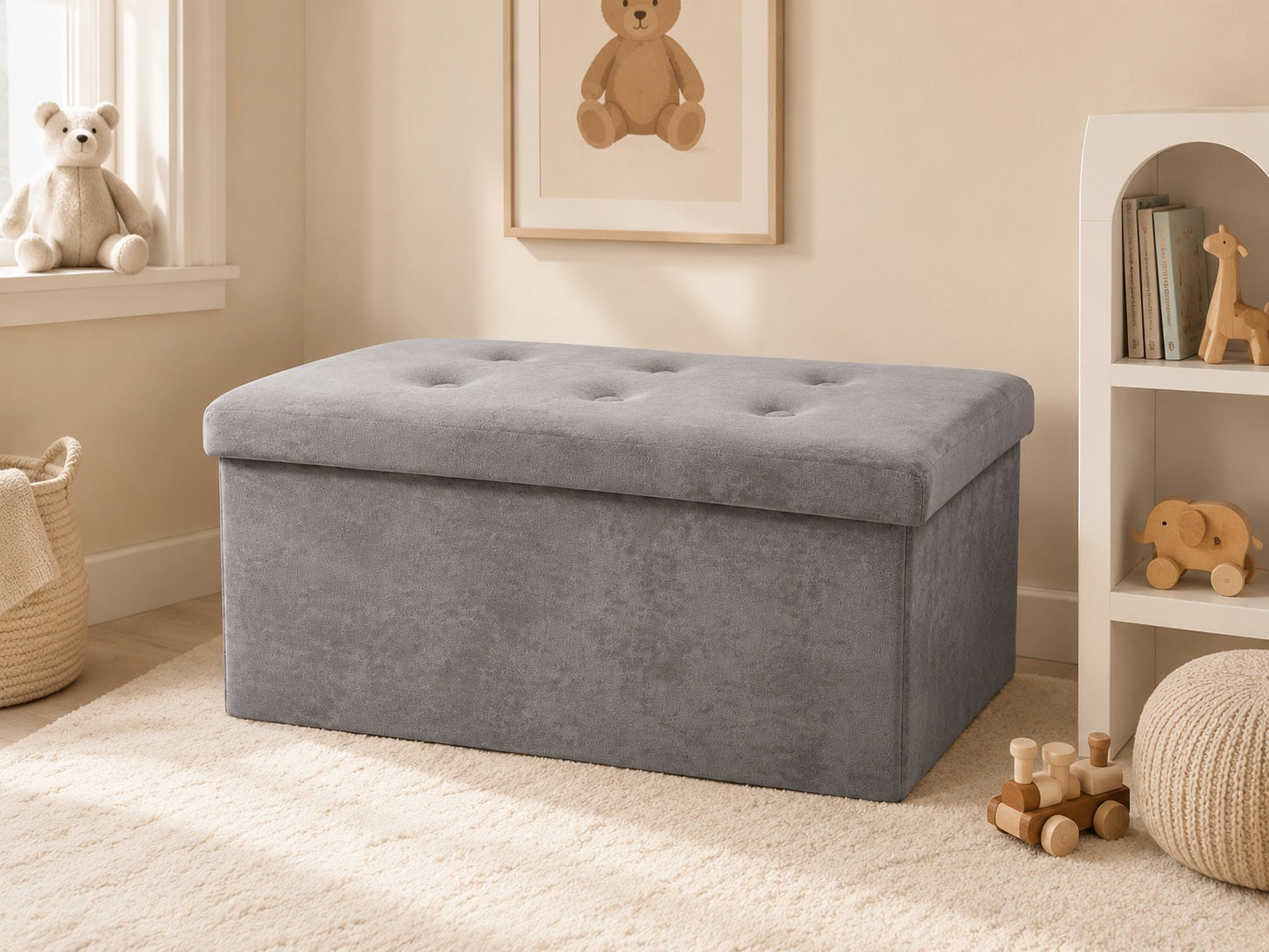 Grey velvet storage bench in a softly styled children’s room