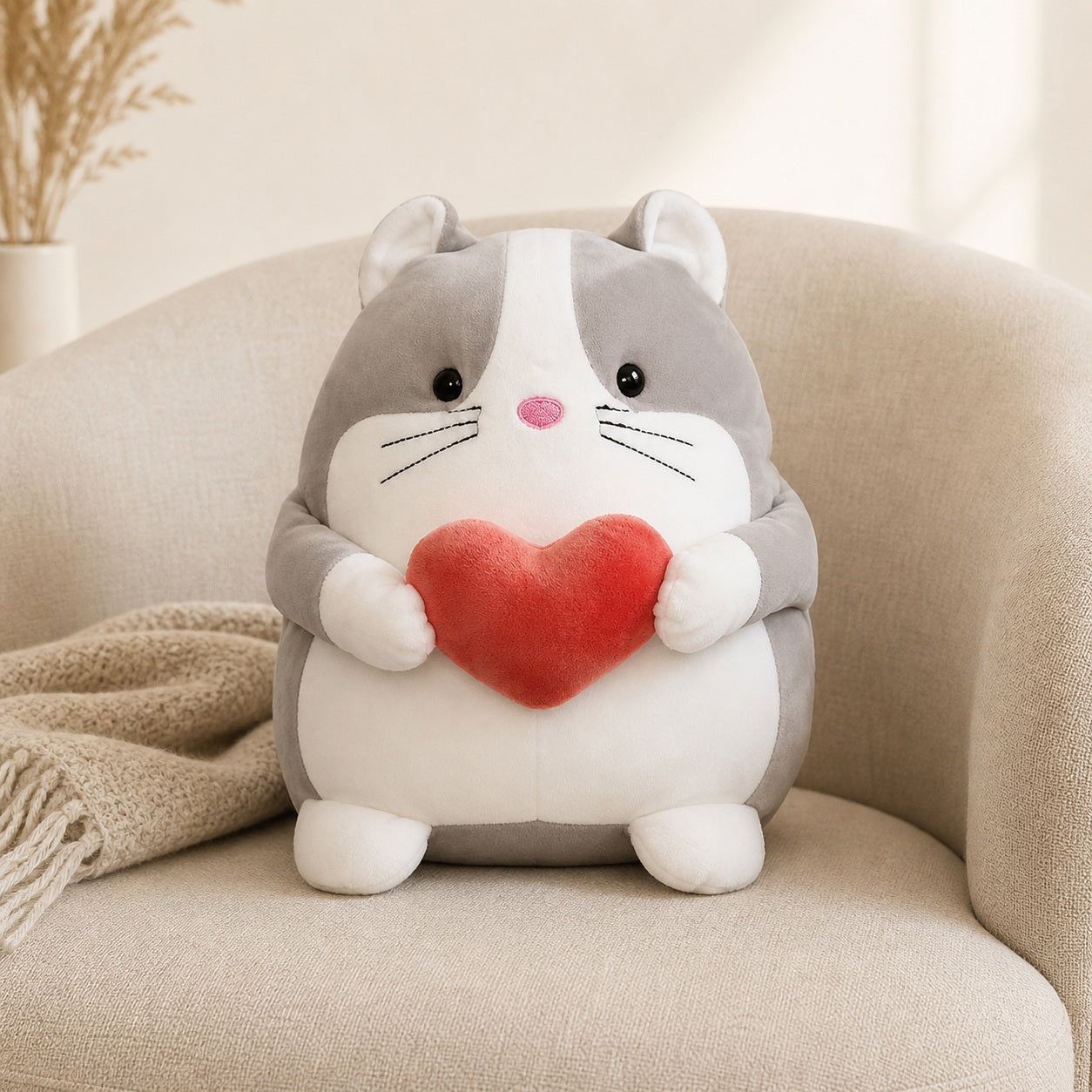 Grey hamster plush with red heart