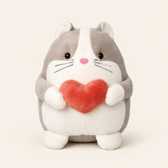 Hamster plush toy holding a red heart