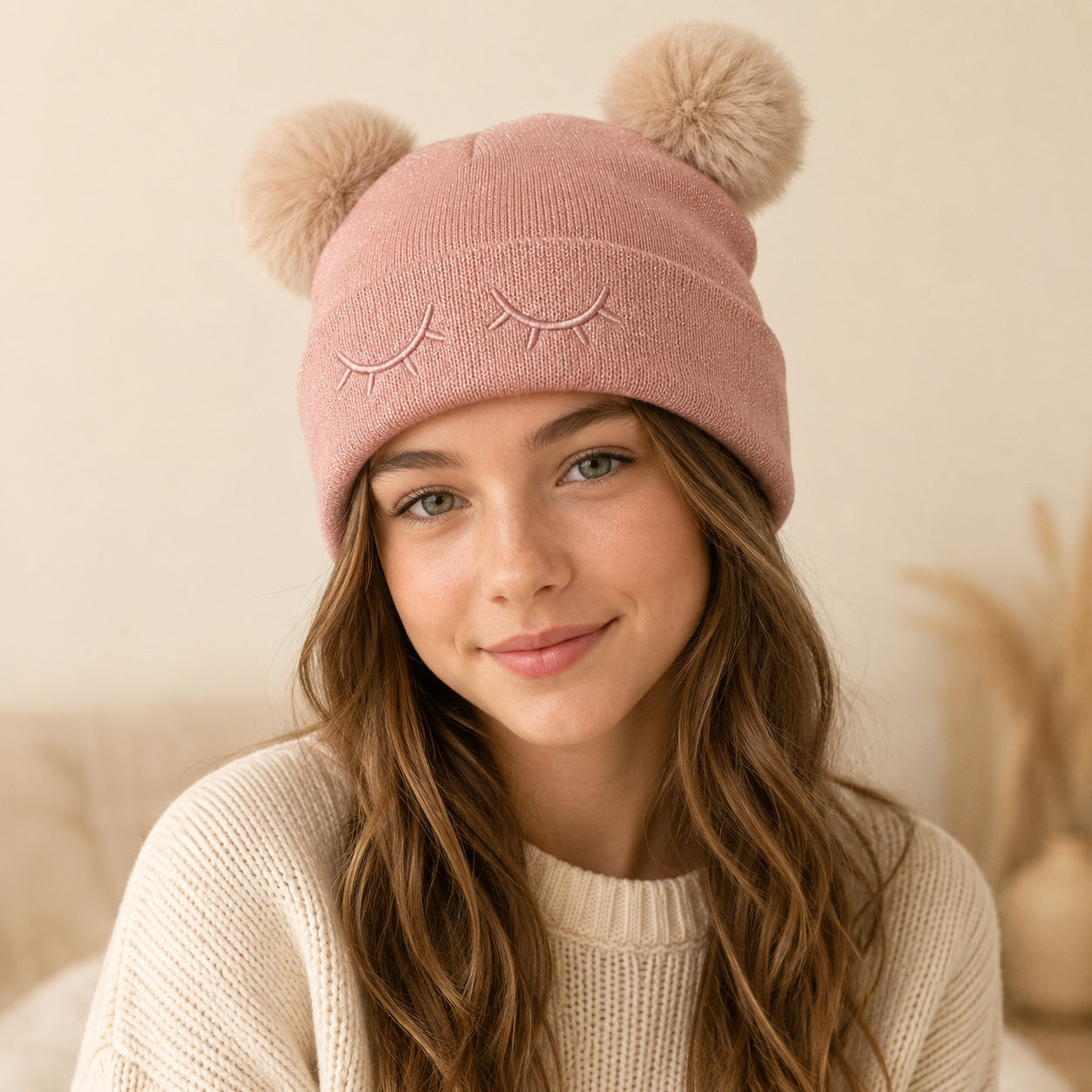Kazia kinderen roze muts met double imitatiebont pompons