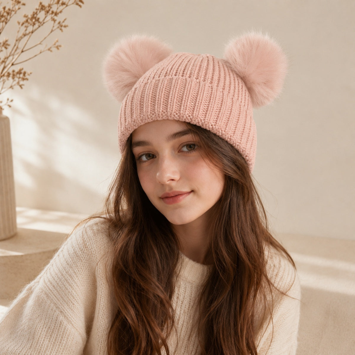 Kids pink beanie with double faux fur pompoms