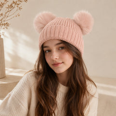 Kids pink beanie with double faux fur pompoms