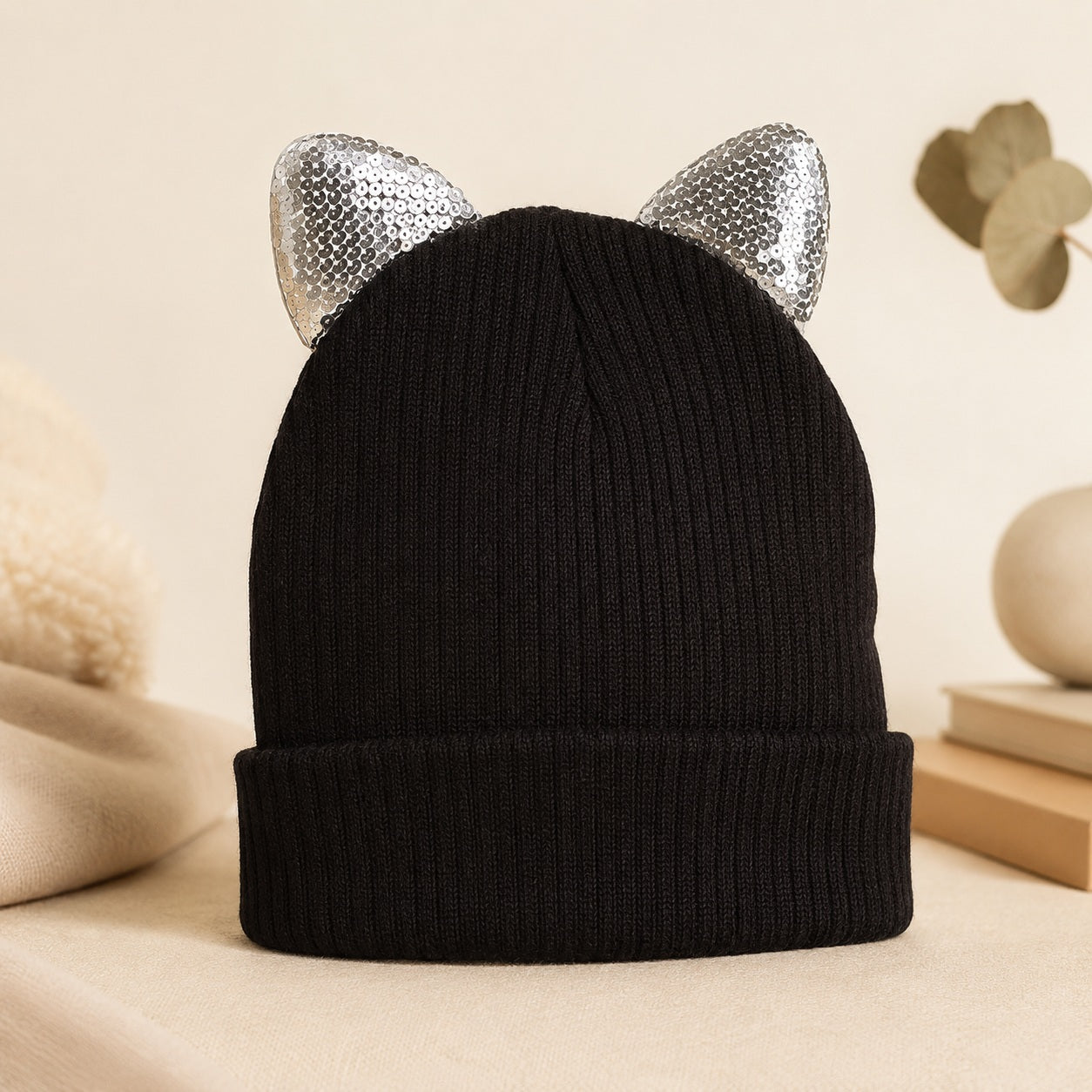 Zwart ribbed kinderen muts met zilver sequin oren