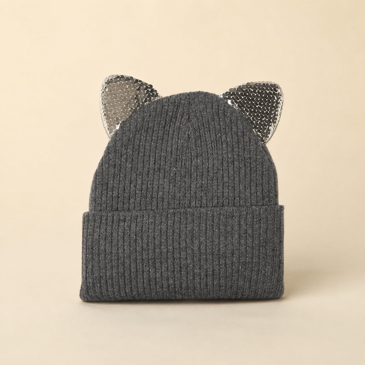 Grey kids winter hat with shiny silver animal ears