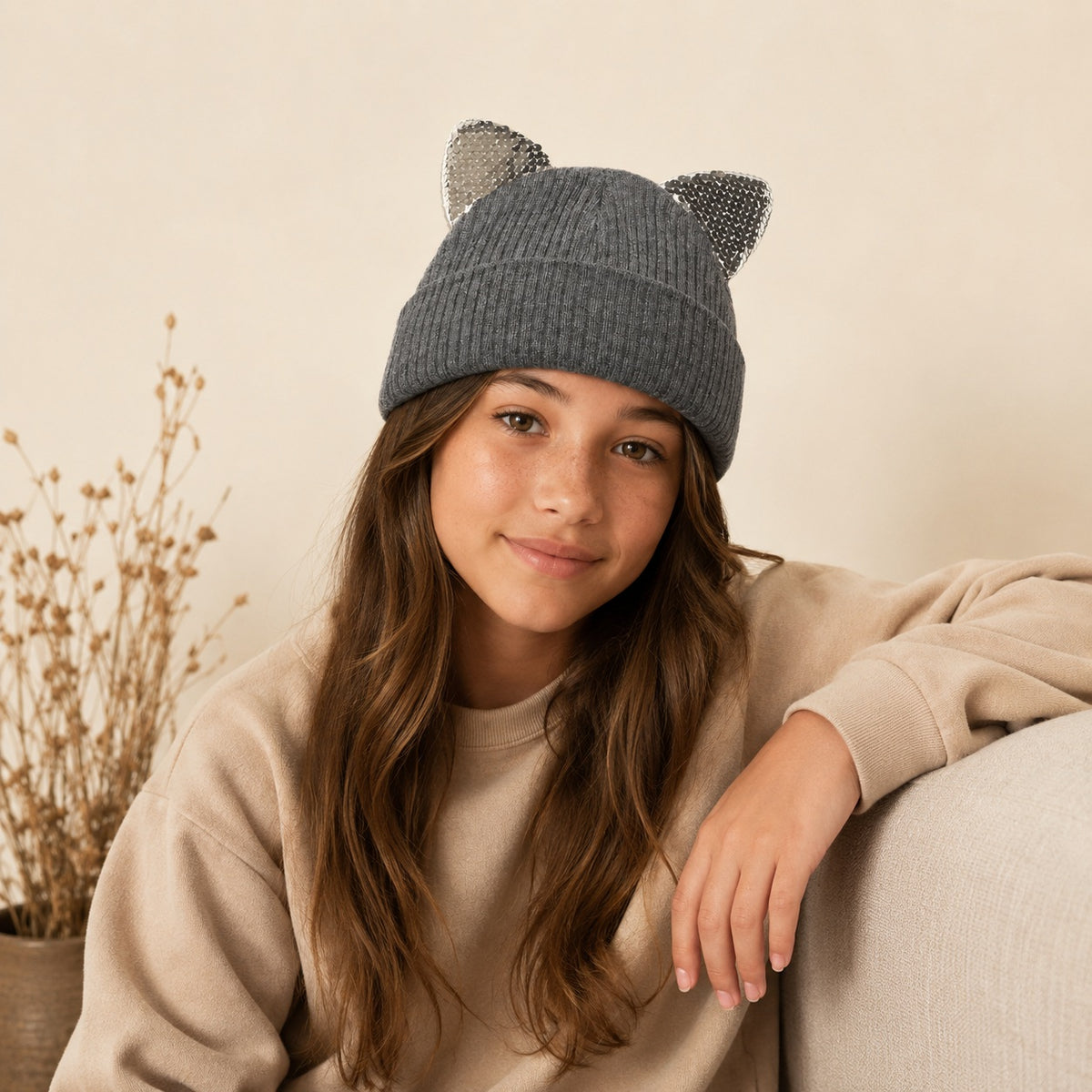 Dark grey ribbed kids beanie with silver sequin ears